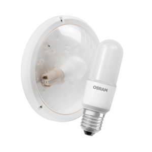 Radiant Bulkhead Abs Polypropylene Round 1x15W E27 White + Osram LED Eco Stick Lamp 7W