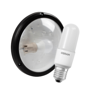 Radiant Bulkhead Eco 1x15W E27 Black Clear + Osram LED Eco Stick Lamp 7W