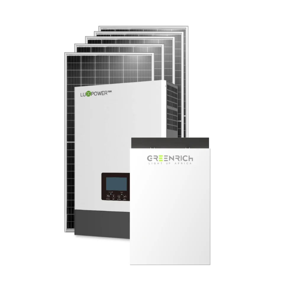 Voltex solar kit with five 545W Canadian solar panels, Greenrich lithium wall-mounted battery (4.95kWh), and LuxPower 5kW inverter.
